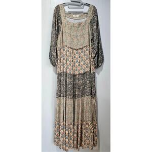 Natural Life Berkley Long Sleeve Maxi Dress, Sage Bloom, 4 Tiers, Boho, Sz  XL